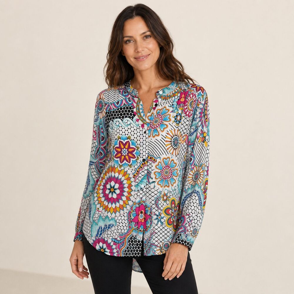 Desigual Cam Verene Blouse Multicolor Floral Abstract Button Down Tunic Size L